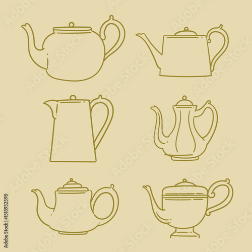 Set of vintage illustrations of teapots hand-drawn in ink. Original teapot drawings, in vector.