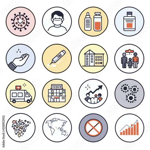 Coronavirus Pandemic Icon Set Medical Social and Economic Impact Illustrations