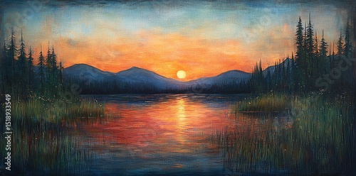 Serene Sunset Landscape: Warm Hues over Mountain Lake photo