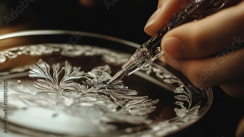 Glass Engraving: Artist's Hand Creating Intricate Floral Design on Crystal Dish