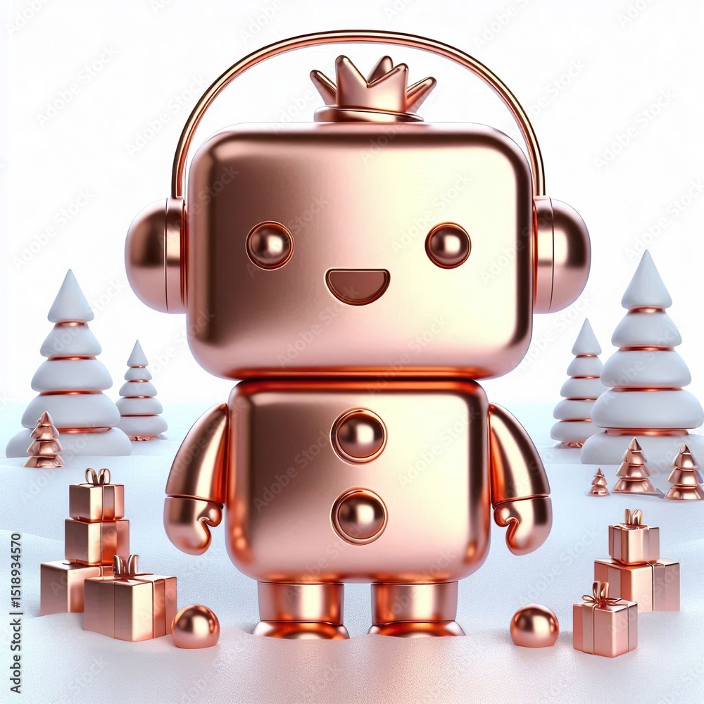 Naklejka premium 3d render. Cute 3D rose gold metallic Character cool snowman toy on white background