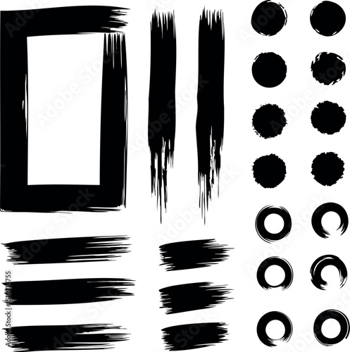 Various stylized grunge ink shapes, brush strokes and stains collection