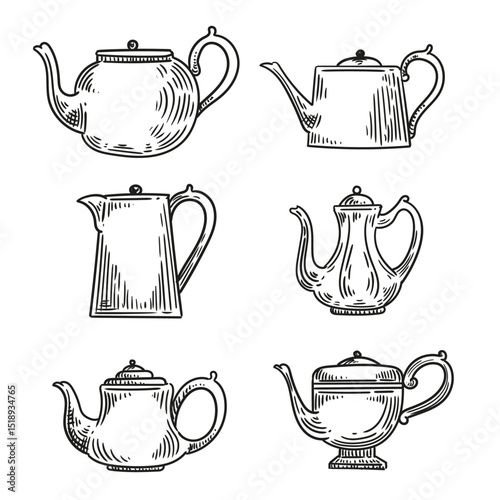 Set of vintage illustrations of teapots hand-drawn in ink. Original teapot drawings, in vector.