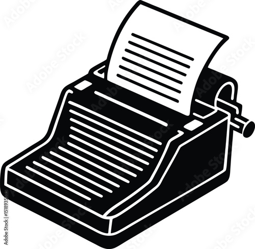 A vintage technology illustration with a 3-D machine printing documents, featuring an old computer, cash, and office hardware buttons