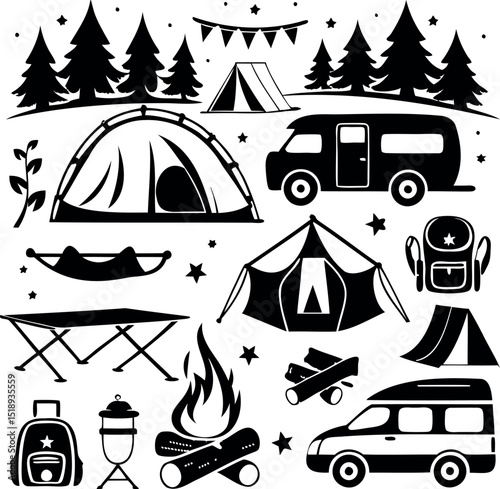 Camping Adventure Black and White Vector Illustration with Trees, Tents, and Campfire
