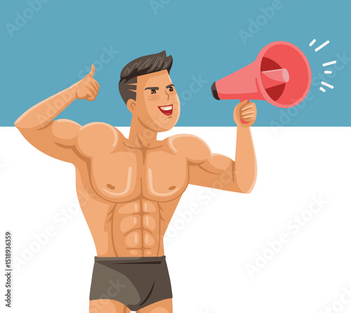 Handsome muscular man is shouting through a loudspeaker