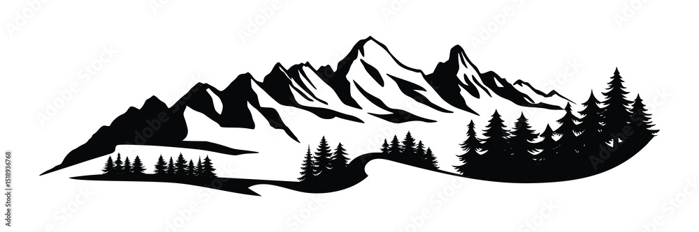 Fototapeta premium Silhouette mountain range and forest isolated on white background, vector design