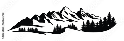 Silhouette mountain range and forest isolated on white background, vector design