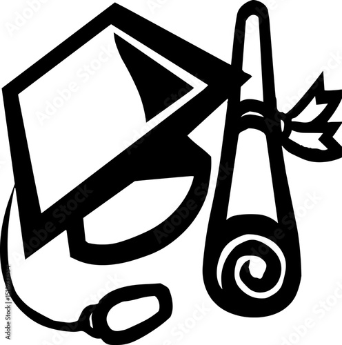 Stylized black and white illustration of graduation cap and diploma symbolizing academic achievement and education, perfect for school-related designs. photo