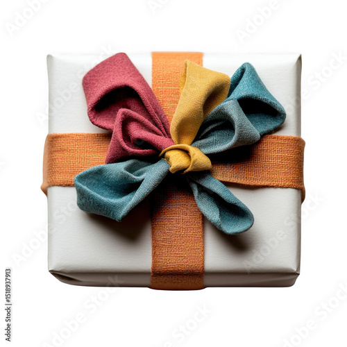 Beautifully wrapped gift box with colorful fabric bow, featuring shades of red, blue, and yellow, and orange ribbon. elegant presentation evokes sense of celebration and joy