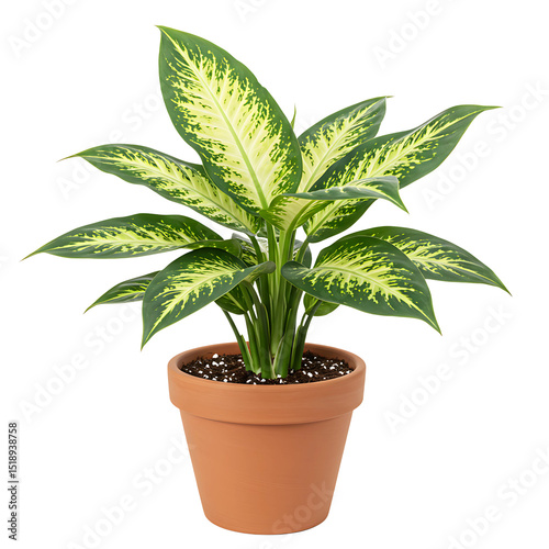 Dieffenbachia camille houseplant in terracotta pot isolated on transparent background
