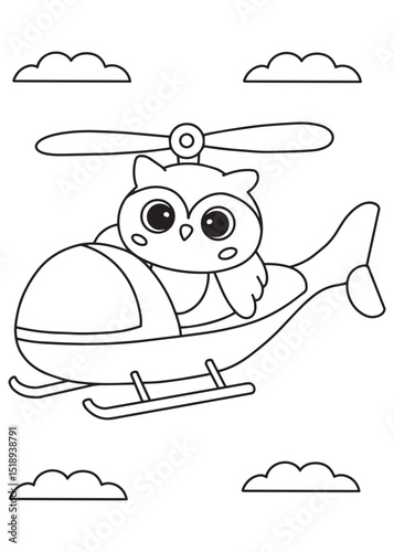 Coloring book owl cutely flying a helicopter among fluffy clouds