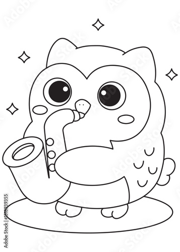 Coloring book owl cutely playing a saxophone, sparkling with musical talent.