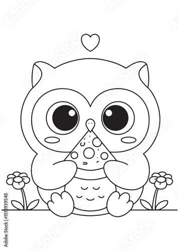 Coloring book owl cutely holding a slice of pizza with a heart floating above.