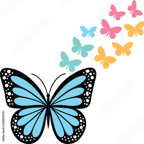 A large blue butterfly with smaller colorful butterflies flying away on a white background design art