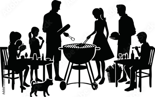 Barbecue party. Isolated silhouette of friends with grill. Summer picnic scene. Black BBQ drawing. Family cooking meat and drinking beer. Outdoor lunch. Vector illustration