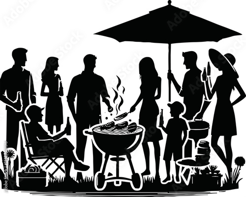 Barbecue party. Isolated silhouette of friends with grill. Summer picnic scene. Black BBQ drawing. Family cooking meat and drinking beer. Outdoor lunch. Vector illustration