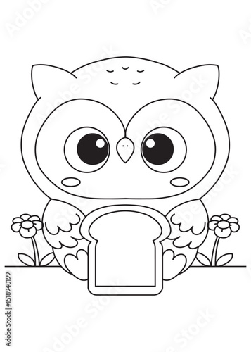 Coloring book owl cutely holding a slice of bread or toast, surrounded by sweet flowers and a little heart