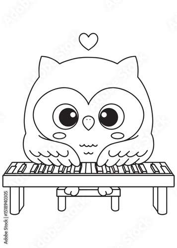 Coloring book owl cutely playing a piano keyboard, with a little heart floating above
