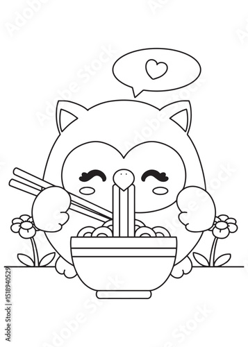 Coloring book owl happily slurping delicious noodles from a bowl with chopsticks