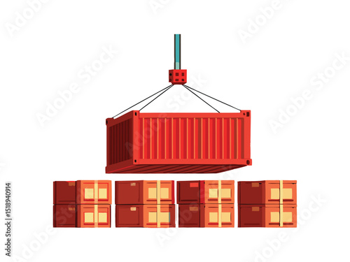 Crane lifting cargo container and boxes isolated on white background
