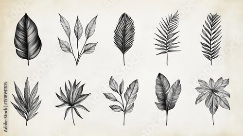 Collection of hand-drawn tropical leaves in grayscale. Detailed botanical illustrations