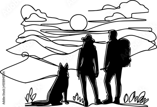 Two hikers and a dog silhouetted against sunset scenery  