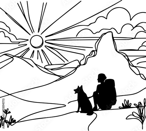 Hiker sitting with dog in scenic mountains during sunrise  