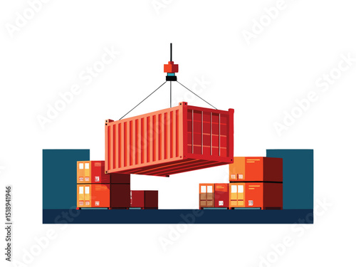 Cargo container being lifted by crane isolated on white background
