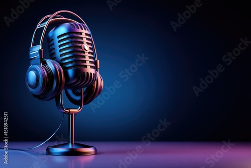 Retro microphone with headphones on a stand against a dark, moody background, illuminated with vibrant blue and red lighting