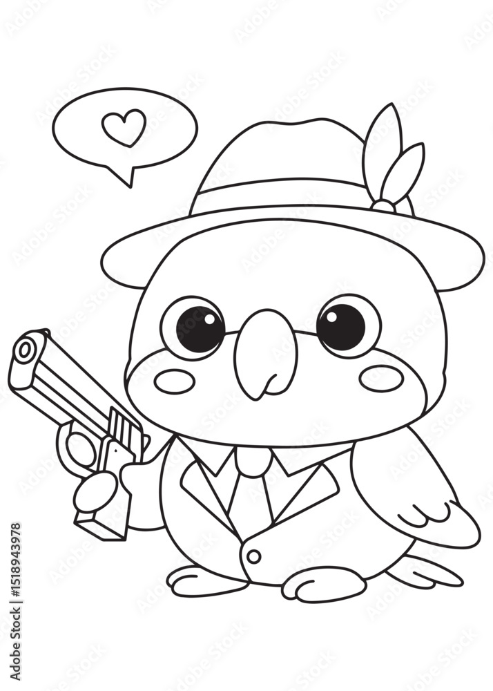 Coloring book parrot dressed as a suave detective or gangster in a fedora and suit