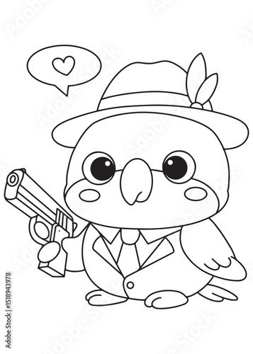 Coloring book parrot dressed as a suave detective or gangster in a fedora and suit