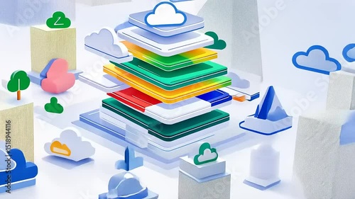 Colorful cloud storage concept with layered digital files and abstract trees in a bright setting