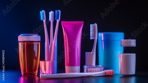 Colorful hygiene products arranged on a dark surface under vibrant lighting