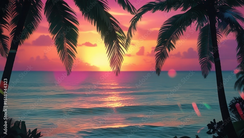 Obraz premium Breathtaking Sunset, Palm Trees, Ocean View A Tropical Paradise