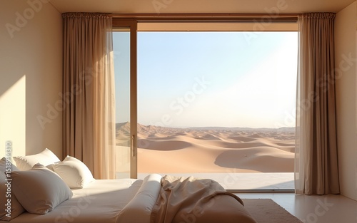 A minimalist bedroom in a desert villa, with sliding glass doors revealing a vast expanse of sand dunes under a clear sky. High quality