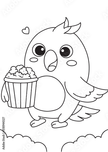 Coloring book parrot joyfully holding a bucket of popcorn, with a heart and clouds.