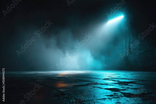 A moody, nighttime scene featuring a brightly lit, teal-colored streetlamp casting its glow on a damp, textured ground, with atmospheric fog or mist adding to the dark ambiance
