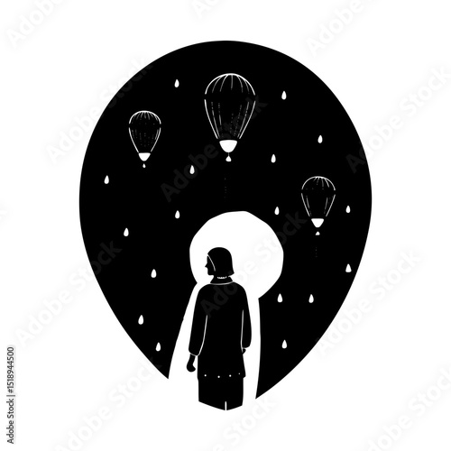 Woman watching balloons in night scenery silhouette