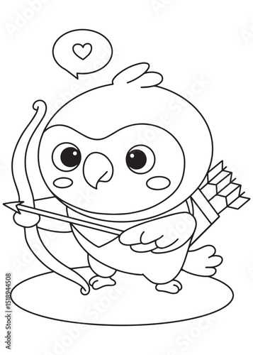 Coloring book parrot dressed as Cupid, aiming a bow and arrow with a heart bubble