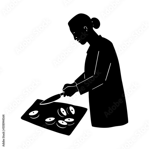 Woman preparing sliced food with a knife silhouette