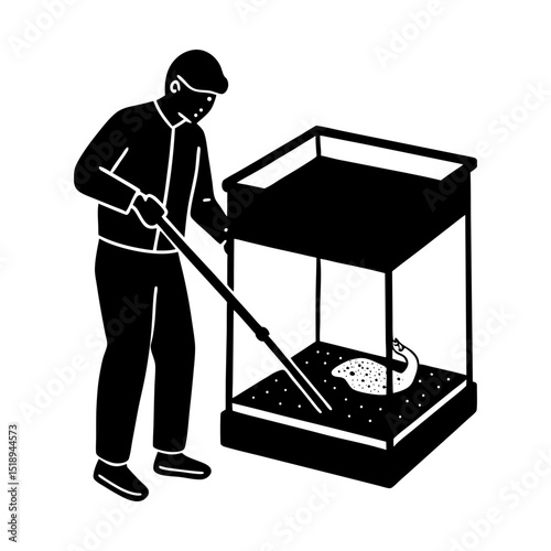 Man tending to reptile in terrarium habitat silhouette