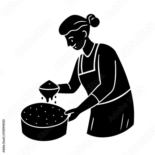 Woman sprinkling topping on round cake art silhouette