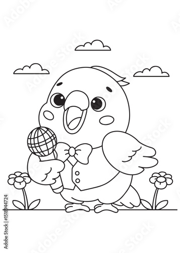 Coloring book parrot dressed in a dapper suit and bow tie, happily singing into a microphone
