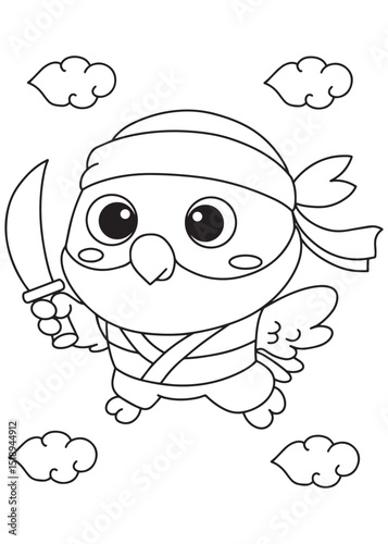 Coloring book parrot dressed as a ninja or pirate, wielding a sword with a bandana