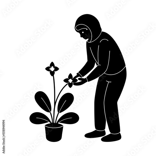 Person tending to a potted plant indoors silhouette