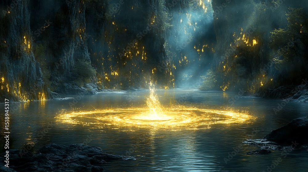 Fototapeta premium Mystic Lake Portal: Golden Energy Emanating in a Serene Natural Setting