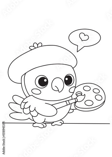 Coloring book parrot wearing a beret, holding a painter's palette and brush, with a heart bubble