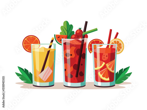 Three summer fruit cocktails isolated on white background
