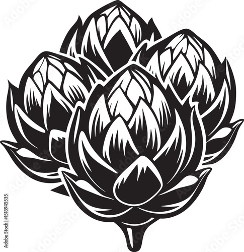 Three artichoke silhouettes isolated on white background